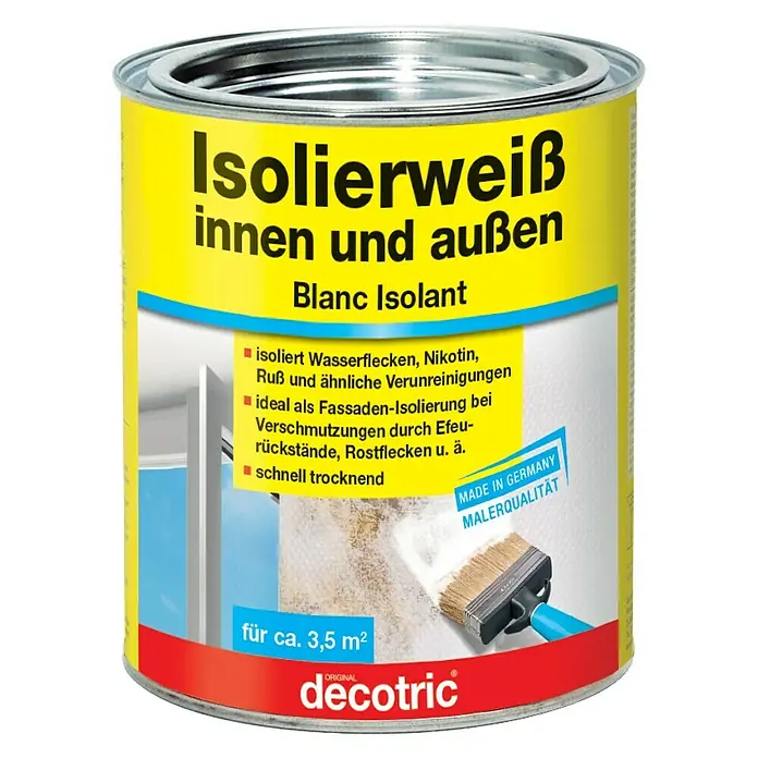 Decotric Isolierfarbe Isolierweiß - 750 ml, Weiß - Dose Isolierweiß für Innen und Außen von Decotric. Ideal zum Isolieren von Wasserflecken, Nikotin und Ruß. Schnell trocknend und Made in Germany.