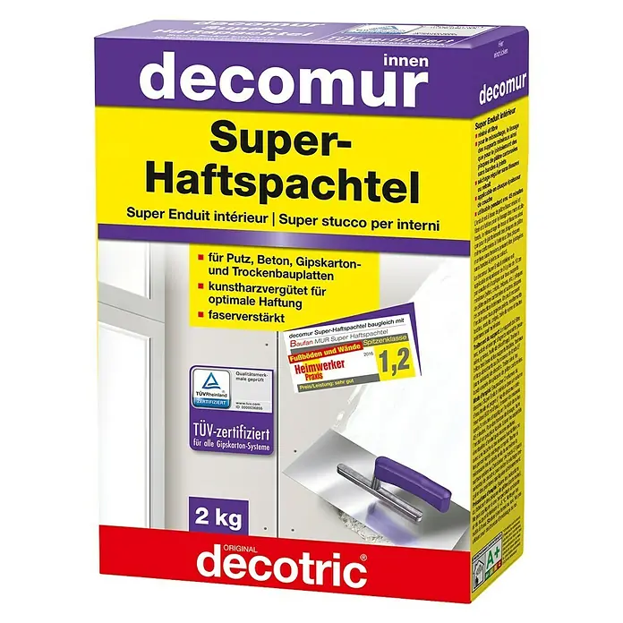 Decotric decomur Super-Haftspachtel - 2 kg - Produktbild von "decomur Super-Haftspachtel" Innenputz, einem hochwertigen Füllspachtel für Wände und Decken, ideal für Renovierungsarbeiten.