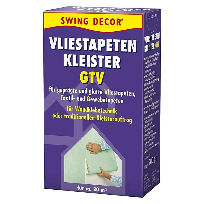 Swing Decor Tapetenkleister Vlieskleister GTV - 200 g - Produktfoto: Swing Decor Vliestapeten Kleister GTV, ideal für glatte und geprägte Vliestapeten, Textil- und Gewebetapeten.
