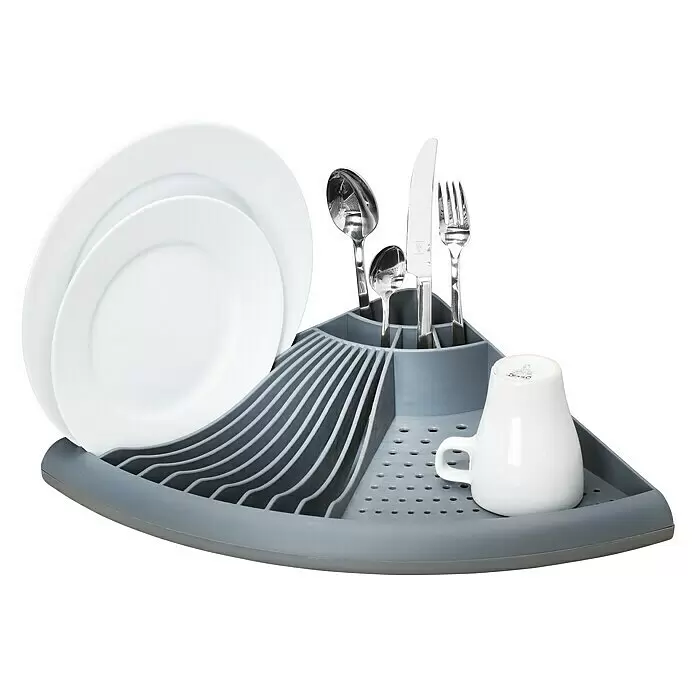 Wenko Geschirrkorb - L x B x H: 35 x 50 x 9 cm, Grau - Graues Eck-Abtropfgestell mit weißen Tellern, Silberbesteck und einer weißen Tasse. Mit Tellerfächern, Besteckhaltern und Abtropflöchern.