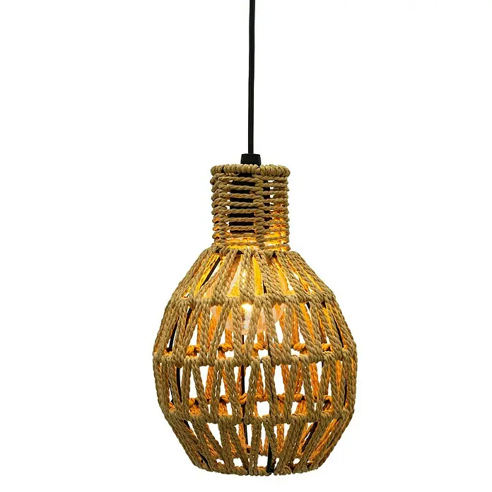 Starlux Hängelampe Rattan - B x L: 14,5 x 21,5 cm, Braun, IP44 - Eine Pendelleuchte mit einem Lampenschirm aus geflochtenem Seil, die ein warmes, einladendes Licht ausstrahlt.