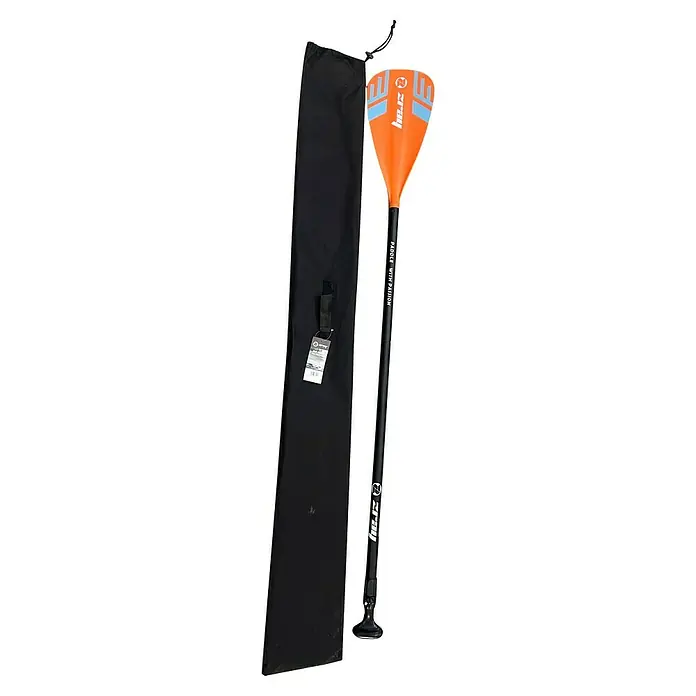 Paddel zray - 165 cm - 210 cm - Schwarze Paddeltasche und orange-schwarzes Paddel mit der Aufschrift 'PADDLE WITH PASSION'.