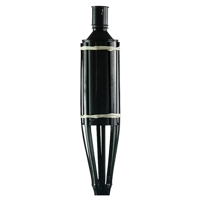 Bambusfackel - Höhe: 150 cm - Schwarze Fackel mit belüftetem Oberteil und Lattenrostfuß, mit weißen Gummibändern befestigt.