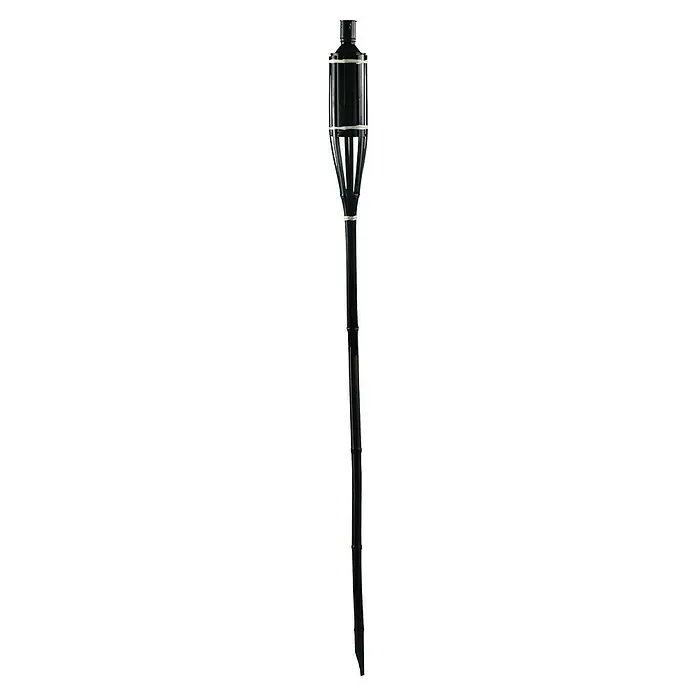 Bambusfackel - Höhe: 150 cm - Schwarze Fackel mit Bambus-Optik-Stange und Metall-Kraftstoffbehälter, akzentuiert durch helle Bänder.