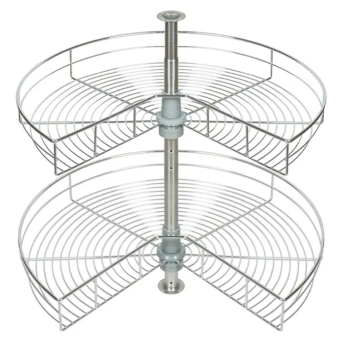 Estantería rinconera metálica semicircular 80 - L x An x Al: 520 x 900 x 450 mm, Cromo - Carrusel giratorio de dos niveles. Los niveles son semicirculares y están hechos de alambre metálico cromado.