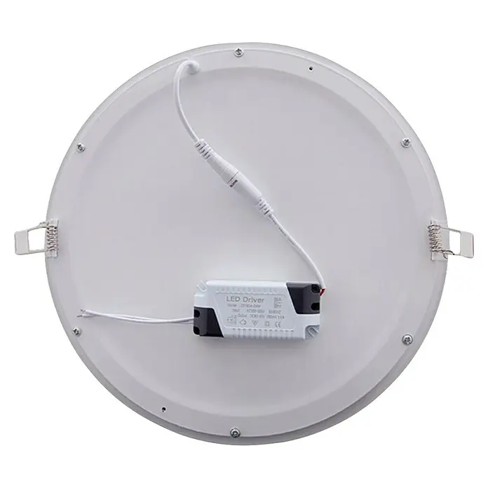 Panaled Downlight empotrable LED redondo Ofis - 20 W, Ø x Al: 22 x 1,8 cm, Blanco cálido - Primer plano de un plafón LED con driver, destacando los detalles de instalación y construcción.