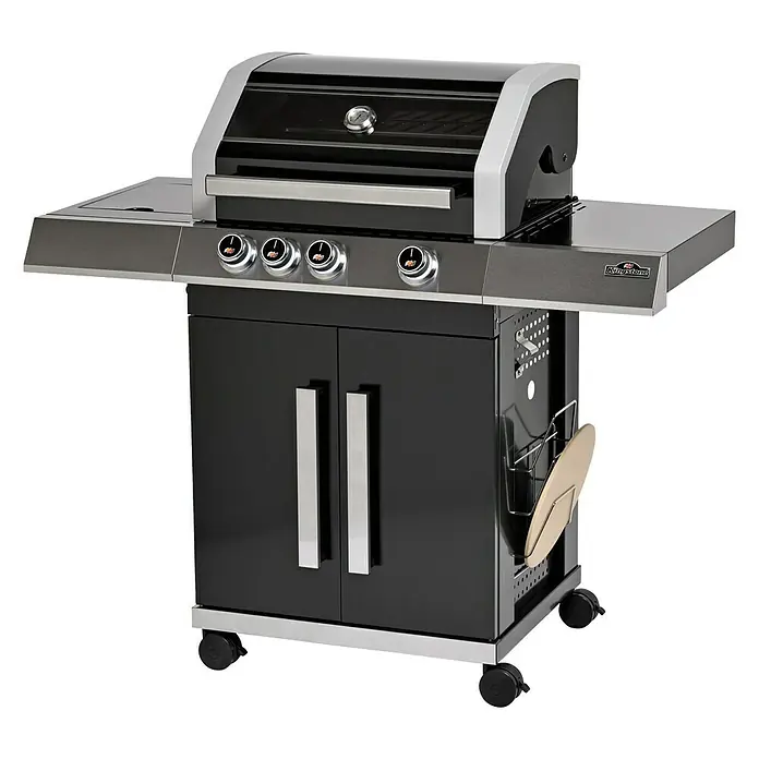 Kingstone KMS Gasgrill Cliff 350Grillfläche (B x T): 59 x 45 cm, 13,5 kW, Anzahl Brenner: 3 - Schwarzer Kingston Grill mit vier Reglern, Seitenablage und Schrank mit zwei Türen auf Rollen für den Außenbereich.