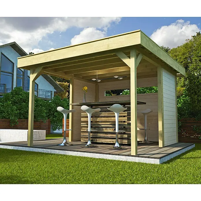 Weka Gartenlaube Singen - 3,49 x 3,6 m, Fichte - Einladende Gartenbar aus Holz mit stilvollen Barhockern, ideal für gesellige Stunden im Freien. Perfekt zum Entspannen.