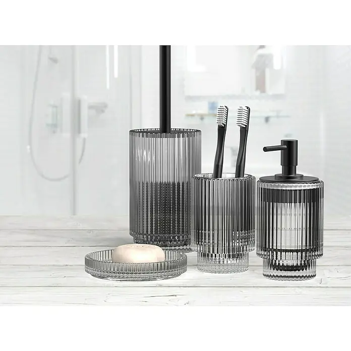 Aquasanit Deco Dispensador de jabón - L x An x Al: 74 x 74 x 166 cm, Vidrio, Transparente - Juego de accesorios de baño de vidrio acanalado que consta de dispensador de jabón, portacepillos de dientes, jabonera y escobillero.