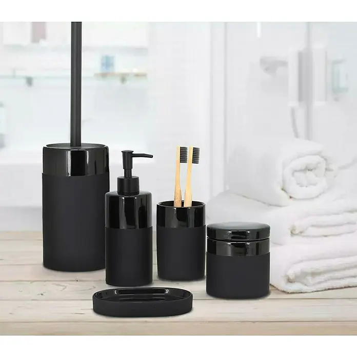 Aquasanit Olivia Organizador - Negro - Elegante juego de accesorios de baño negros con dispensador de jabón, vaso, jabonera, recipiente y escobilla de baño para un baño elegante.