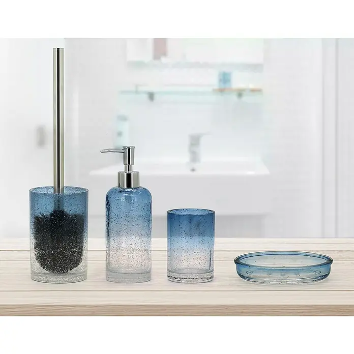 Aquasanit Elba Portacepillos - L x An x Al: 73 x 73 x 103 cm, Vidrio - Juego de accesorios de baño con dispensador de jabón, portacepillos, jabonera y escobilla de váter de vidrio azul.
