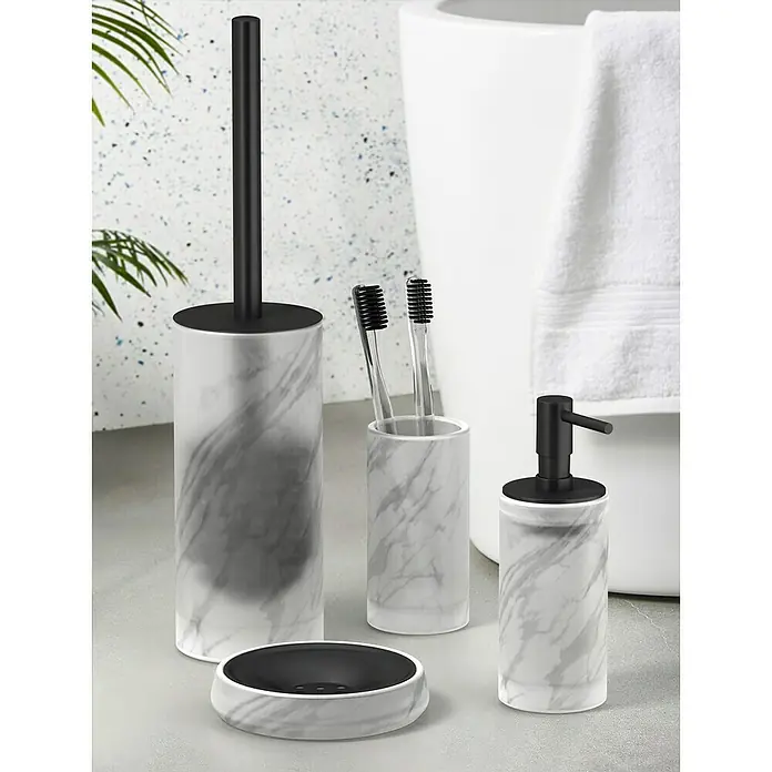 Aquasanit Marmor Dispensador de jabón - L x An x Al: 61 x 61 x 173 cm, Cerámica, Gris - Juego de baño de mármol con dispensador de jabón, jabonera, porta cepillos de dientes y escobilla para un baño elegante.