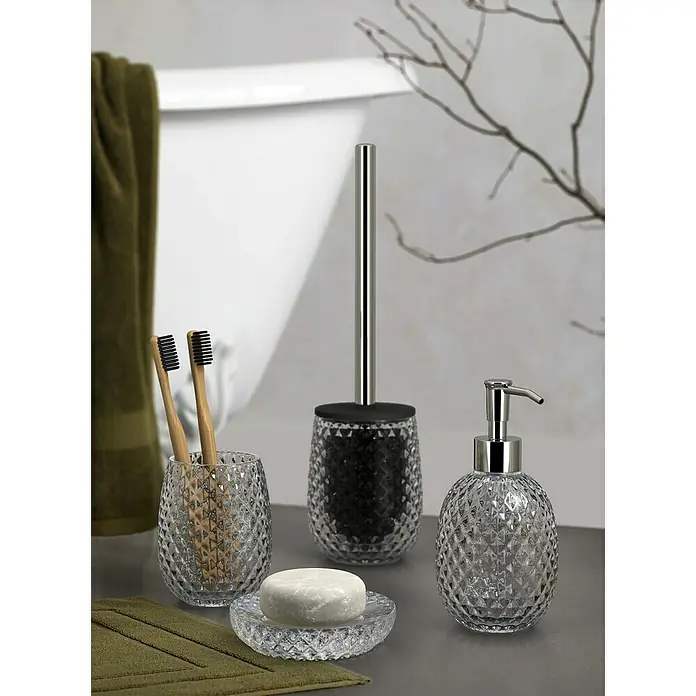 Aquasanit Diamond Portacepillos - Ø x Al: 8,5 x 10,4 cm, Vidrio, Transparente - Elegante juego de baño con dispensador de jabón, portacepillos, jabonera y escobillero. Hecho de cristal para detalles elegantes.
