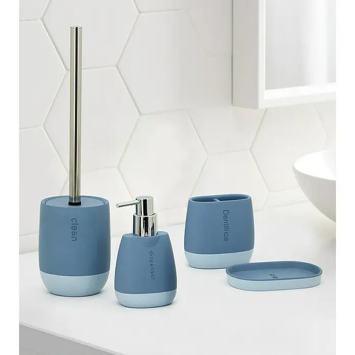 Aquasanit Silk Dispensador de jabón - L x An x Al: 65 x 85 x 148 cm, Plástico, Azul - Juego de accesorios de baño en azul con dispensador de jabón, porta cepillos de dientes, jabonera y escobilla para un baño elegante.