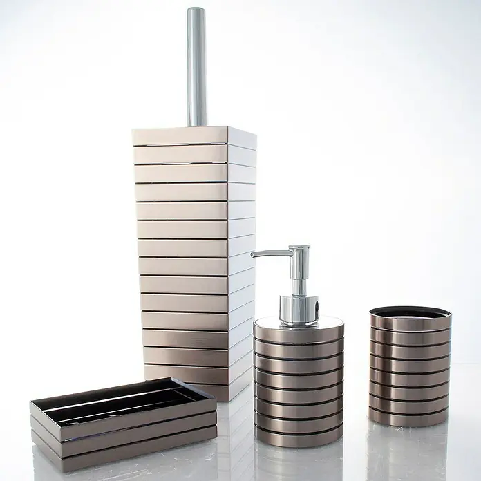 Aquasanit Style Conjunto de escobilla - 9,5 x 9,5 x 38 cm, Plástico, Bronce - Elegante juego de baño plateado, compuesto por dispensador de jabón, vaso, jabonera y escobilla de váter. Diseño moderno para cualquier baño.