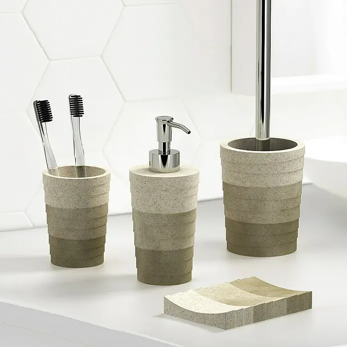 Aquasanit Layer Dispensador de jabón - L x An x Al: 75 x 75 x 19 cm, Plástico, Marrón - Moderno juego de accesorios de baño con color degradado, que incluye dispensador de jabón, portacepillos, vaso y jabonera.