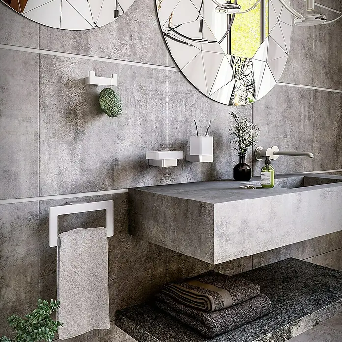 Colgador doble Leaf - 2 ganchos - Baño moderno con lavabo gris, toallero y espejo. Diseño elegante para una decoración de baño con estilo y muy cómoda.