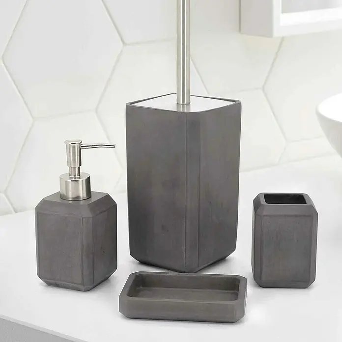 Aquasanit Street Escobillero de suelo - Cemento, Gris - Elegante juego de baño antracita con dispensador de jabón, vaso, jabonera y escobillero. Accesorios de baño con estilo para un ambiente moderno.