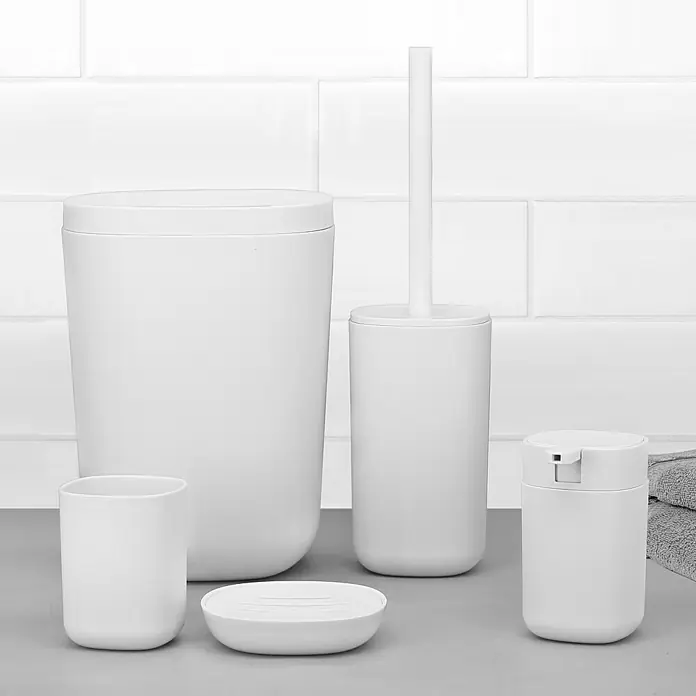 Aquasanit Kubik Portacepillos - L x An x Al: 7 x 7 x 9,5 cm, Plástico, Blanco - Juego de accesorios de baño blancos con jabonera, vaso, papelera, dispensador de jabón y escobilla de baño.