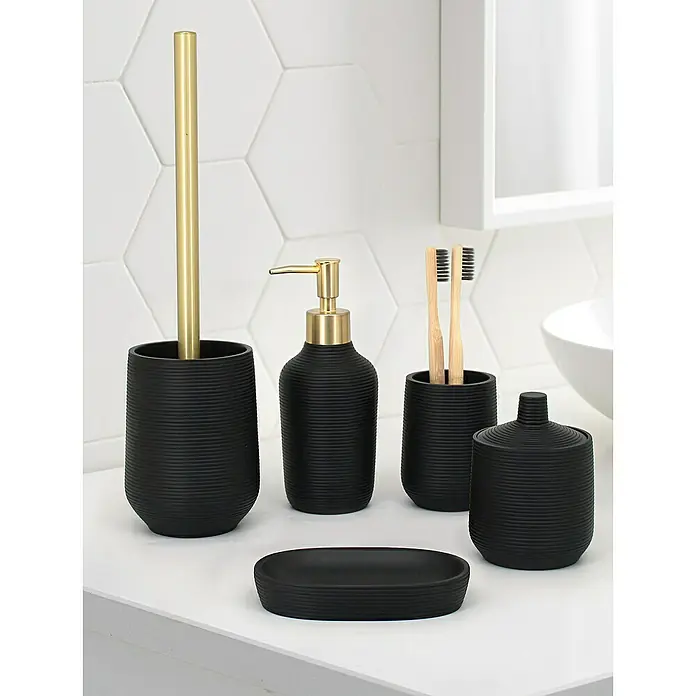 Aquasanit Ebony Dispensador de jabón - L x An x Al: 73 x 73 x 182 cm, Plástico, Negro/Dorado - Elegante juego de accesorios de baño negros con detalles dorados, incluyendo dispensador de jabón, vaso para cepillos y jabonera.