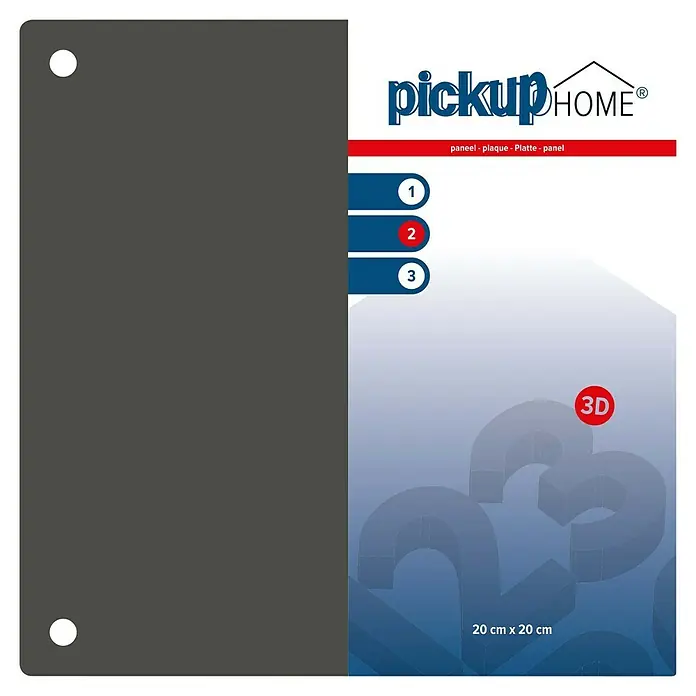 Pickup 3D Home Schild - L x B: 20 x 20 cm, Grau - Produktverpackung für ein 20x20 cm großes 3D-Paneel von Pickup Home, ideal für die Wandgestaltung.
