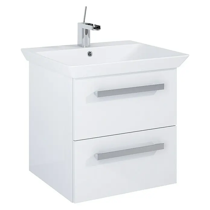 Riva Vulcano Mueble bajo de lavabo - 51,6 x 46 x 52 cm, Blanco, Brillo intenso - Mueble de lavabo blanco con dos cajones y un grifo moderno, perfecto para cualquier baño. Diseño elegante y práctico.