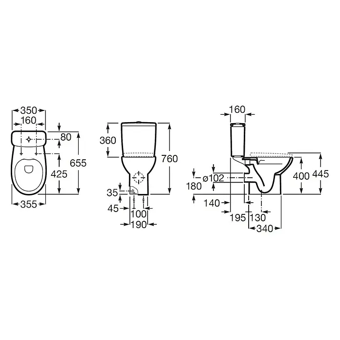 Roca Mitos Pack de WC - Con borde de descarga, Salida WC: Horizontal, Blanco - Dibujo técnico de un inodoro de pie con dimensiones para la instalación.
