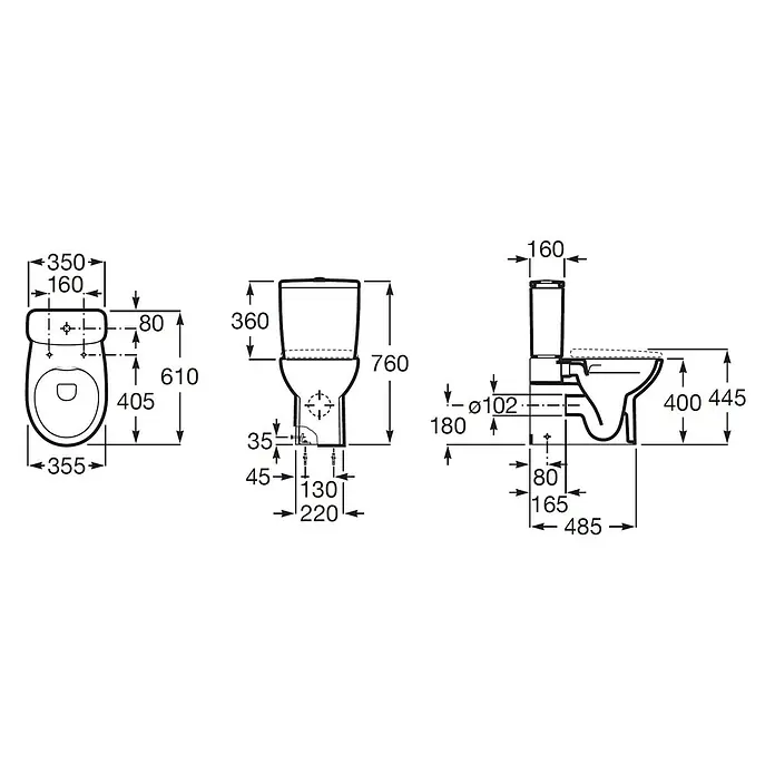 Roca Mitos Pack de WC - Sin borde de descarga, Salida WC: Vertical, Salida dual, Blanco - Dibujo técnico de un inodoro cerámico, mostrando vistas frontal, superior y lateral con todas las dimensiones principales para la instalación.