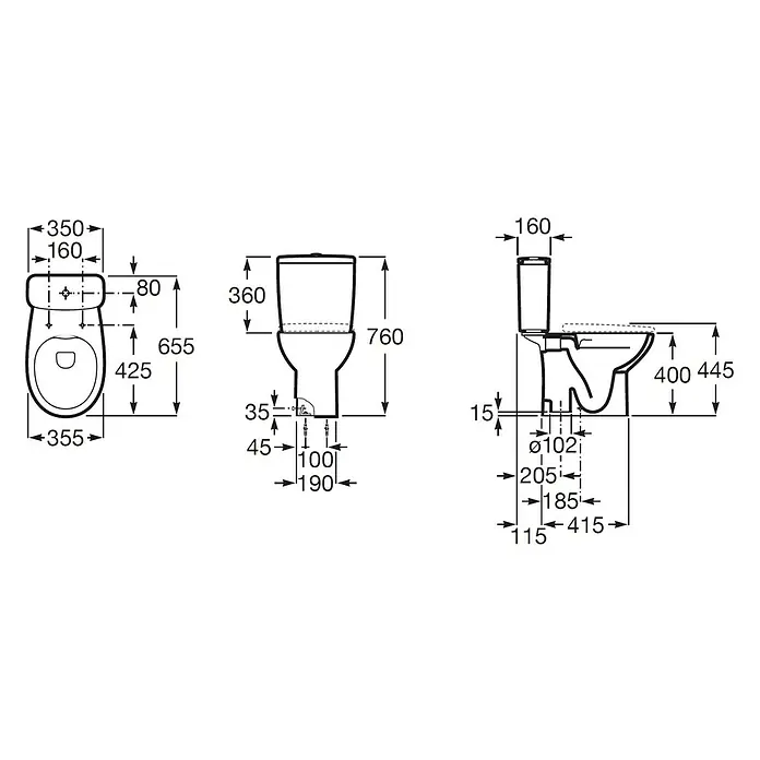 Roca Mitos Pack de WC - Con borde de descarga, Salida WC: Vertical, Blanco - Dibujo técnico de un inodoro de suelo con dimensiones para la instalación.