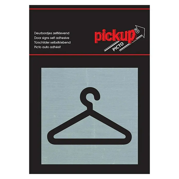 Pickup Aufkleber - L x B: 80 x 80 mm, Garderobe - Pickup Türschild selbstklebend mit Kleiderbügel-Symbol. Ideal zur Kennzeichnung von Garderoben.