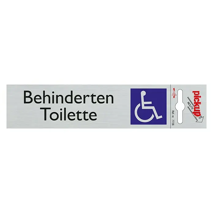 Pickup Aufkleber - Motiv: Rollstuhlfahrer, L x B: 165 x 44 mm - Schild mit der Aufschrift "Behinderten Toilette" und dem Rollstuhl-Symbol, ergänzt durch einen Pickup-Aufkleber, der die Richtung weist.