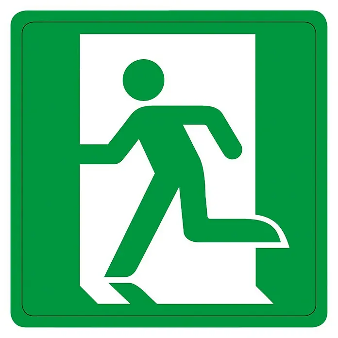 Pickup Aufkleber - L x B: 7,5 x 7,5 cm, Notausgang links - Grünes Notausgangsschild mit stilisierter, weißer, laufender Figur, die einen Ausgang andeutet, für schnelle Orientierung im Notfall.