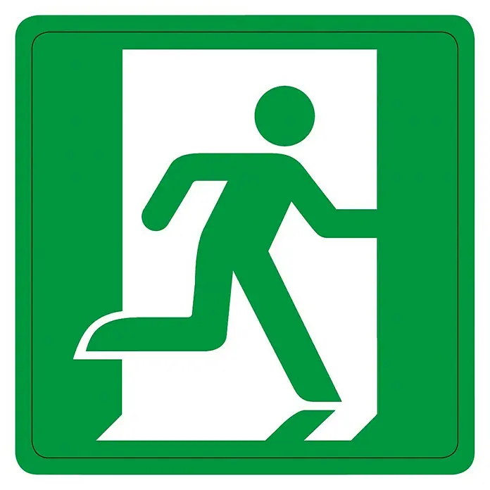 Pickup Aufkleber - L x B: 7,5 x 7,5 cm, Notausgang rechts - Grünes Notausgangsschild mit stilisierter Person, die durch eine Tür rennt, um den Fluchtweg zu kennzeichnen.