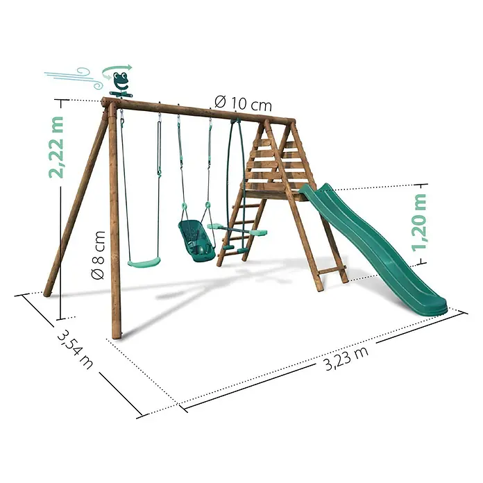 Soulet Schaukel Tulipe - B x L: 354 x 323 cm, Holz - Produktdiagramm eines Kinderspielplatzes mit Schaukeln, einer Leiter und einer Rutsche mit Größenangaben für jede Komponente.