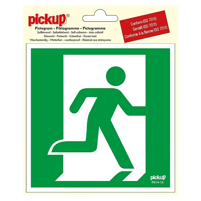 Pickup Aufkleber - L x B: 15 x 15 cm, Notausgang rechts - Aufkleber „Pickup P614-15“ mit grünem Piktogramm einer Person, die durch eine Tür rennt, gemäß ISO 7010 für klare Notausgangsschilder.