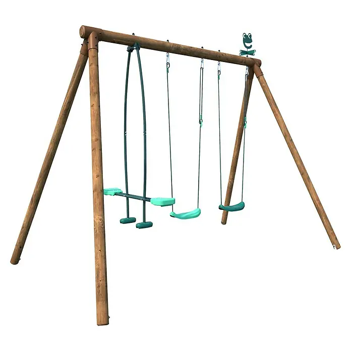 Soulet Doppelschaukel Polo - L x B x H: 30,7 x 18,9 x 22,2 cm, Holz - Eine Schaukel mit drei mintgrünen Schaukelsitzen und Leiter auf einer Seite des Rahmens für zusätzlichen Spielspaß im Garten.
