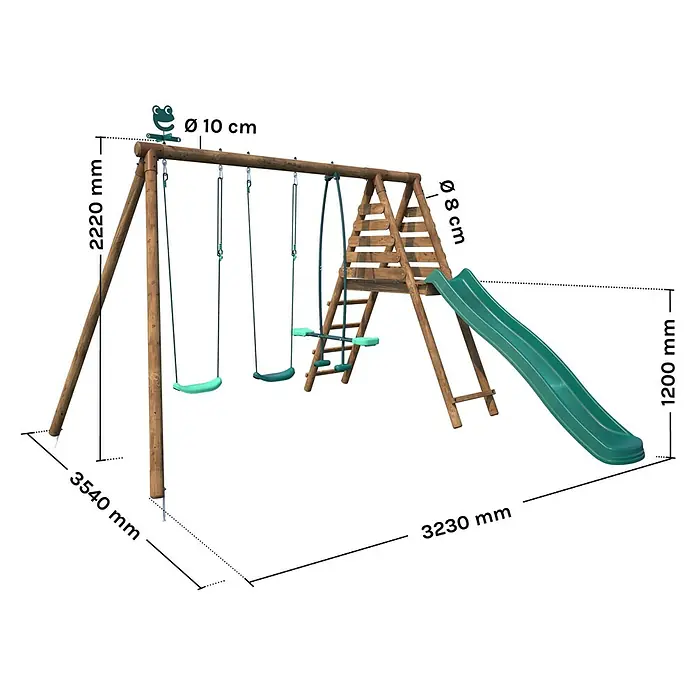Soulet Schaukel Violette - B x L: 323 x 323 cm, Holz - Abbildung eines Spielplatzes mit Schaukeln, einer Leiter und einer Rutsche, mit Größenangaben versehen.