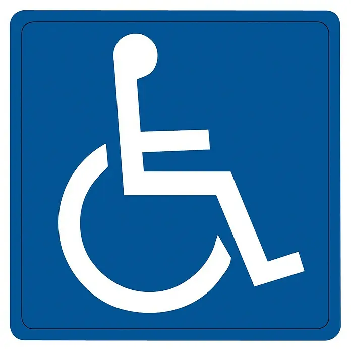 Pickup Aufkleber - L x B: 7,5 x 7,5 cm, Rollstuhlfahrer - Blaues Schild mit dem internationalen Symbol für Barrierefreiheit, das eine Person im Rollstuhl darstellt.