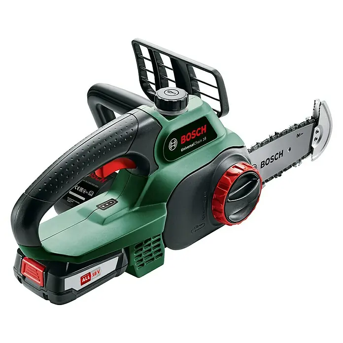 Bosch Power for All 18V Akku-Kettensäge UniversalChain 18 - 18 V, Li-Ionen, 1 Akku, Schwertlänge: 20 cm - Akkubetriebene Bosch UniversalChain 18 Kettensäge in Grün und Schwarz mit rotem Akzent für einfache Gartenarbeiten.