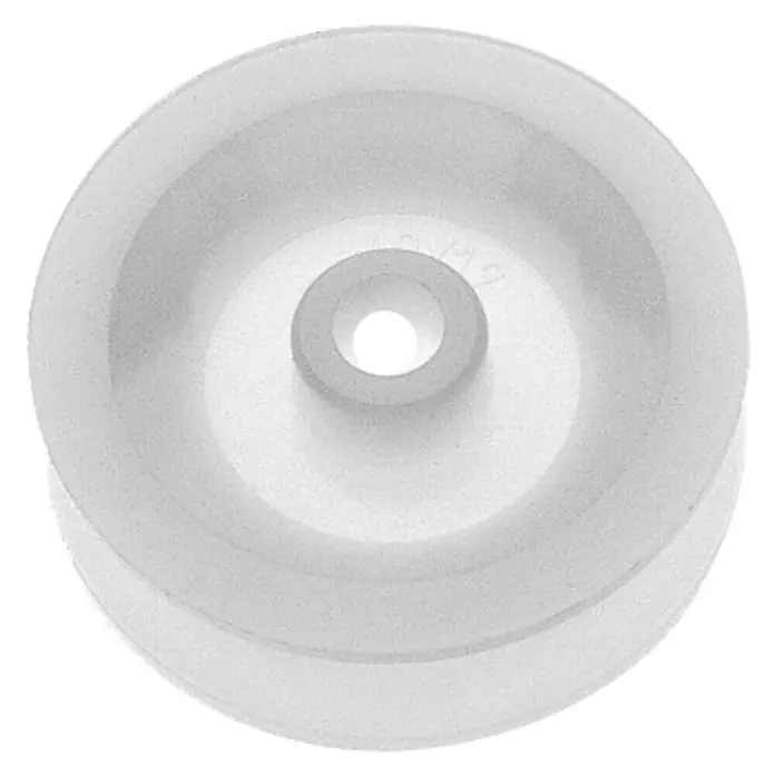 Stabilit Seilrolle - Durchmesser: 60 mm, Für Seildurchmesser: 10 mm, Polyamid - Nahaufnahme eines runden, transparenten Kunststoffrades mit einer zentralen Bohrung. Ideal für verschiedene mechanische Anwendungen und Modelle.