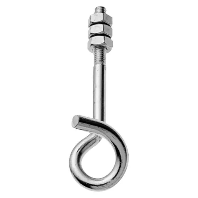 Stabilit Schaukelhaken - Länge: 140 mm, Gewindeart: Metrisches Gewinde, Belastbarkeit: 125 kg - Nahaufnahme eines Bolzens mit Öse und drei Muttern, glänzend und für Befestigungen geeignet.