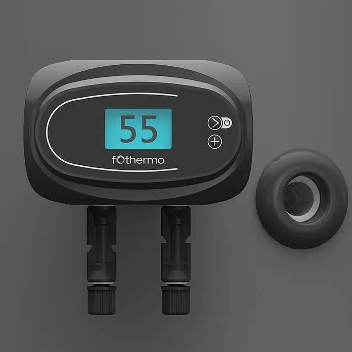 Heizstab - 550 W - Dunkelgrauer fOthermo Smart Controller mit Digitalanzeige '55', Bedientasten und Anschlüssen, begleitet von einem runden Sensor.
