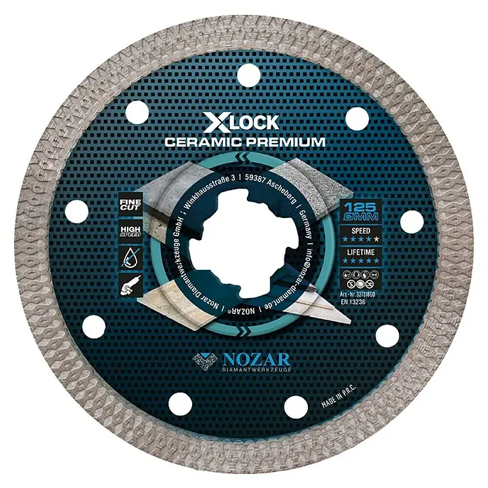 Nozar Trennscheibe X-Lock Ceramic Premium - Durchmesser Scheibe: 125 mm, 1 Stk. - Graue X-LOCK Diamanttrennscheibe für Premium-Keramik, 125mm, mit schwarzer Beschriftung.