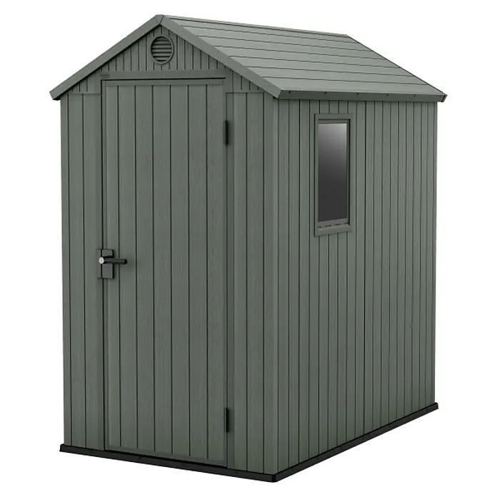 Keter Gerätehaus Darwin 4x6 - Außenmaß inkl. Dachüberstand (B x T): 125,8 x 184,5 cm, Kunststoff, Grün - Dunkelgrüner Gartenschuppen mit strukturierter Bretteroptik, Einzeltür, Fenster und schrägem Dach mit Lüftung.