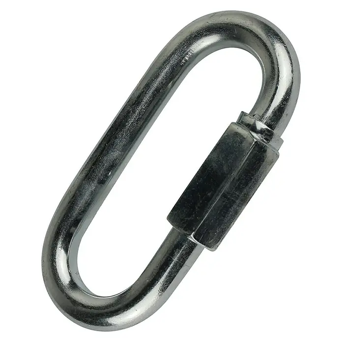 Stabilit Ketten-Schnellverschluss - Durchmesser: 6 mm, Edelstahl AISI 316/V4A - Bild einer glänzenden, silbernen Schraubverbindung. Sie ist länglich oval und hat einen Schraubverschluss an einer Seite.