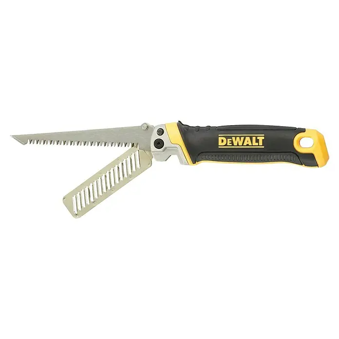 DeWalt Serrucho plegable - Acero - Una sierra plegable DeWalt con mango amarillo y negro. Esta sierra destaca por su diseño plegable y construcción robusta. Ideal para diversas tareas.