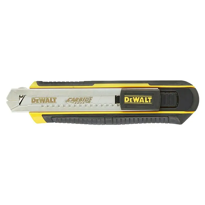 DeWalt Cuchillo cúter DWHT0-10249 - Acero - Un cúter DeWalt amarillo y negro con una hoja de borde de carburo para cortes precisos en diversas aplicaciones.