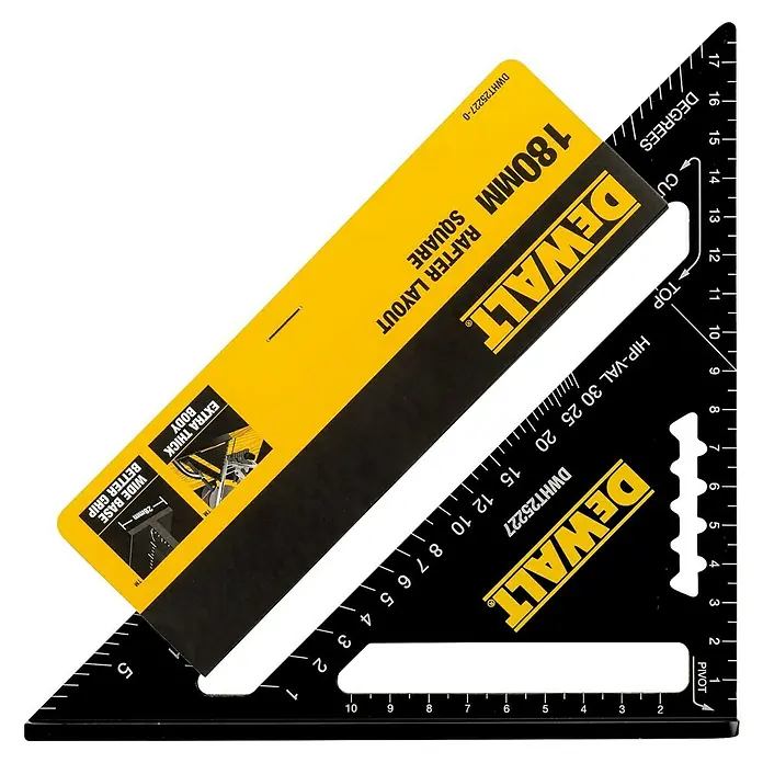 DeWalt Escuadra para corte DWHT25227-0 - Aluminio - Una escuadra para vigas DeWalt de 180 mm, una herramienta para marcar ángulos y medir, en amarillo y negro.