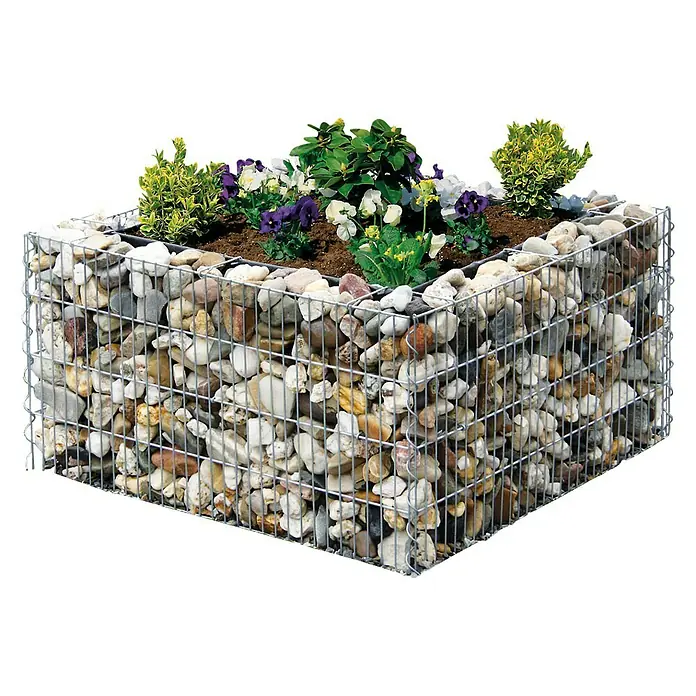 Bellissa Hochbeet 4-Eck Premium - 80 x 80 x 40 cm, Stahl, Silber - Das Bild zeigt einen Gabionen-Pflanzkasten gefüllt mit bunten Steinen und üppiger Bepflanzung, ideal für Garten und Terrasse.