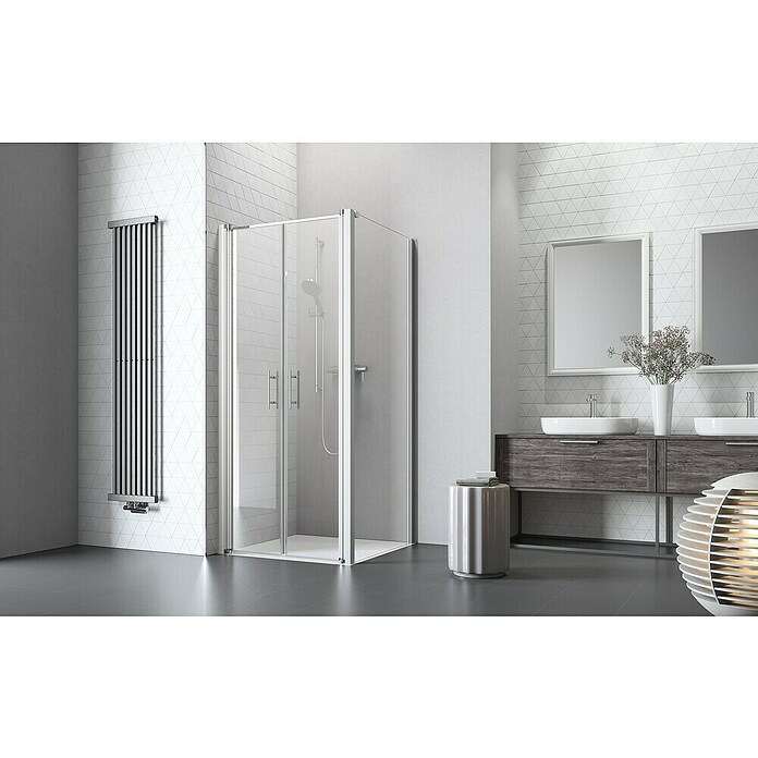 Camargue Vario Duschwand für Doppelpendeltür S37 (90 x 195 cm, Beschichtet, Stärke: 6 mm, Silber)